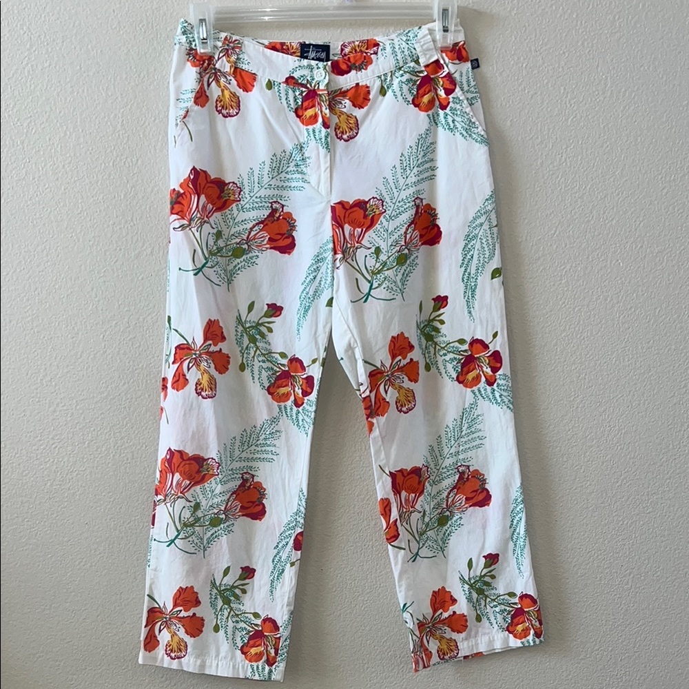 Vintage Stussy White Pants with Red Floral Design size 7 GUC